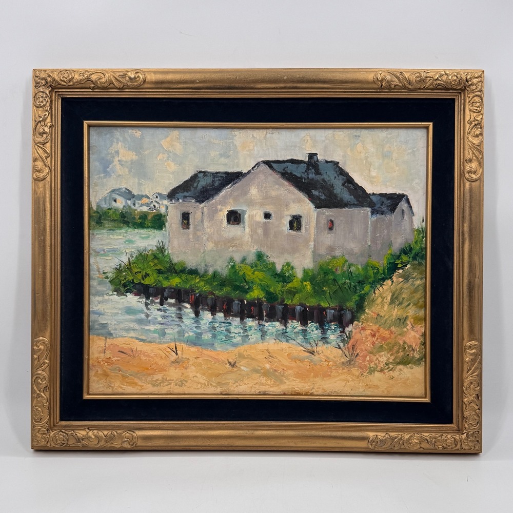 Mid Century European School Coastal Village Oil Painting Velvet Liner Frame